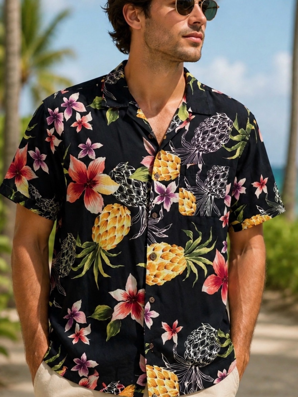 Men Medium Button Up Short Sleeve Hawaiian Shirt Pineapple Hibiscus Aloha Silk